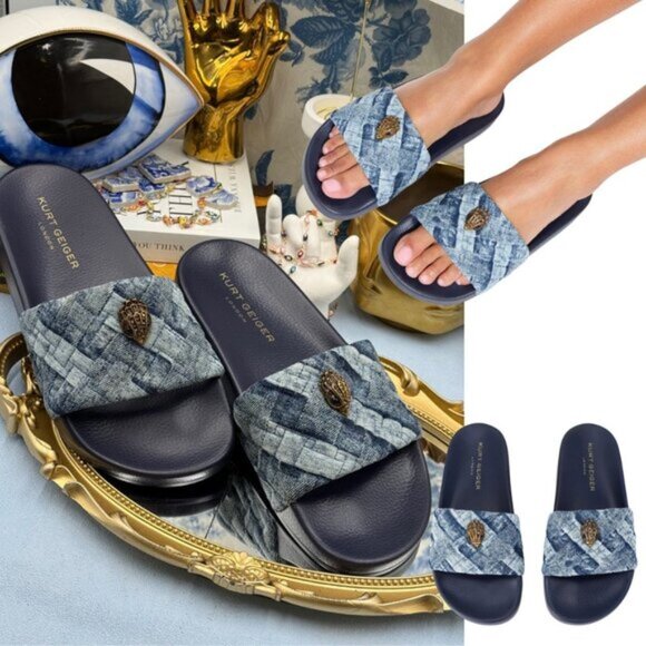 🆕 KURT GEIGER LONDON 🧿 NWOB Blue Denim Meena Eagle Slides, Sz EU 39 US 8.5 - Picture 1 of 11